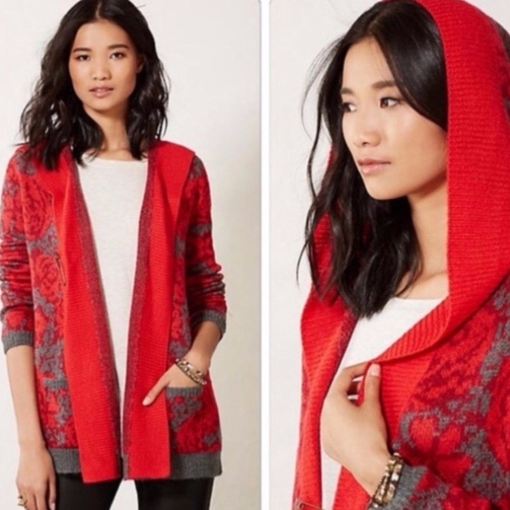 Sparrow Maraschino L Red Grey Floral Hooded Sweater Open Front Cardigan